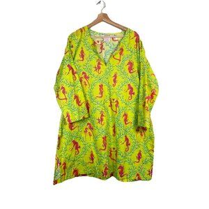 Gretchen Scott Designs Women Green Seahorse Tunic 3/4 Sleeve Top Oversized Beach